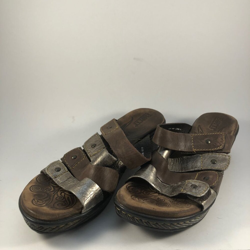 Born Brown leather upper strappy metallic boho comfort wedge sandals 8